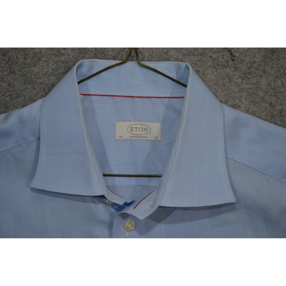 Eton Contemporary Shirt Mens 17 43 Blue Check Dress Long Sleeve Spread Collar